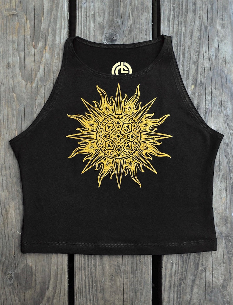Sun Mandala Crop Top – Gold Sacred Geometry Yoga Clothing, Festival Outfit