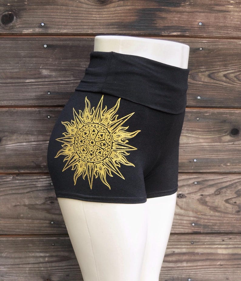 Gold Sun Mandala High Waisted Yoga Shorts – Bohemian Festival Outfit