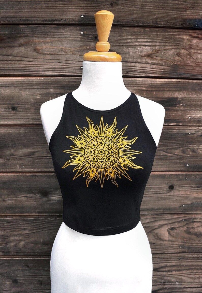 Sun Mandala Crop Top – Gold Sacred Geometry Yoga Clothing, Festival Outfit