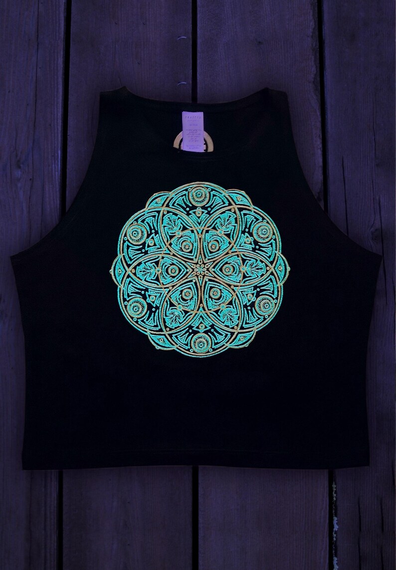 Glow in Dark Peyote Mandala Crop Top – Sacred Geometry Yoga Festival Shirt