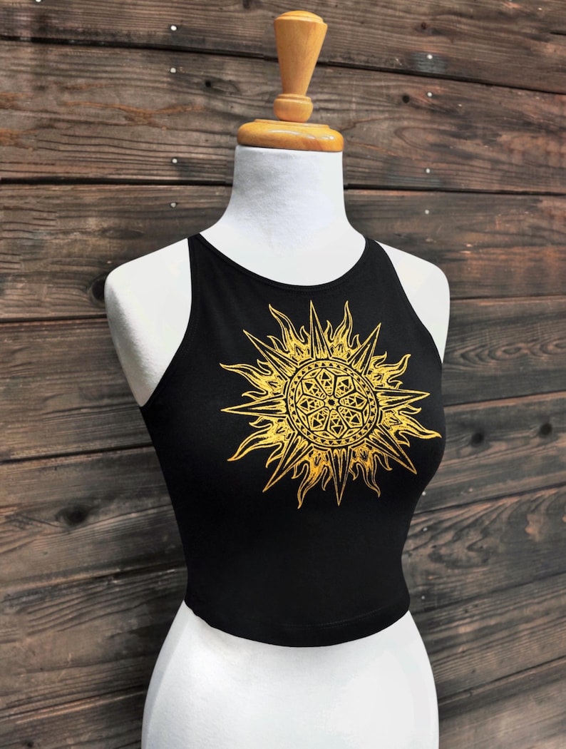 Sun Mandala Crop Top – Gold Sacred Geometry Yoga Clothing, Festival Outfit